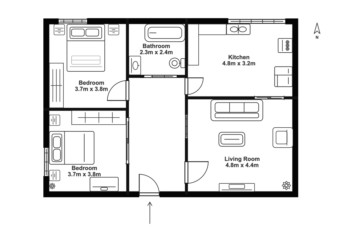 2-bed apartment floor plan template preview