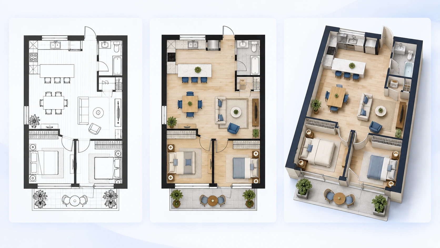 Apartment floor plans in technical, colored 2D, blueprint, and 3D isometric styles