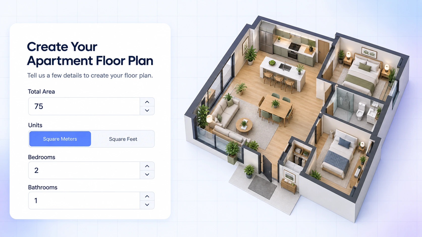 Apartment floor plan controls for area, units, bedroom count, and bathroom count