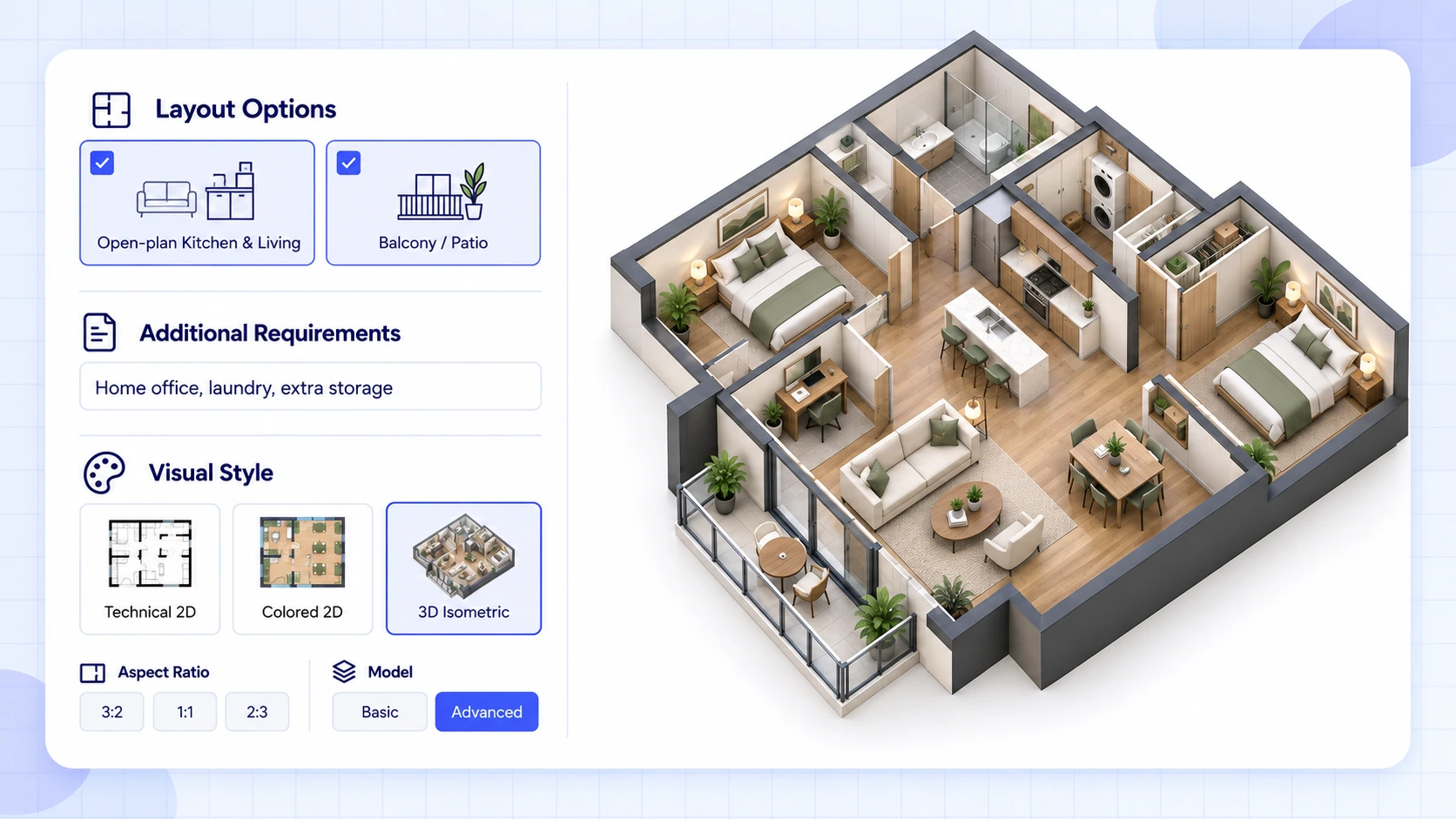 Apartment layout controls for open-plan living, balcony, additional requirements, style, ratio, and model