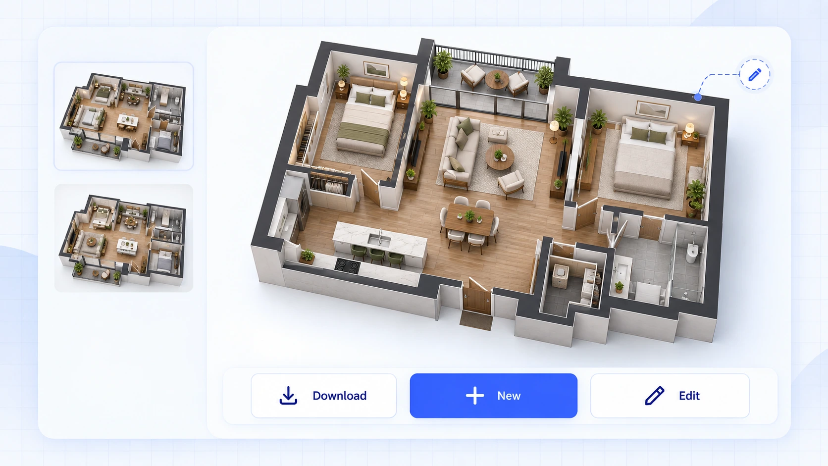 Generated apartment floor plan moving through Preview, History, download, and Floor Plan Editor