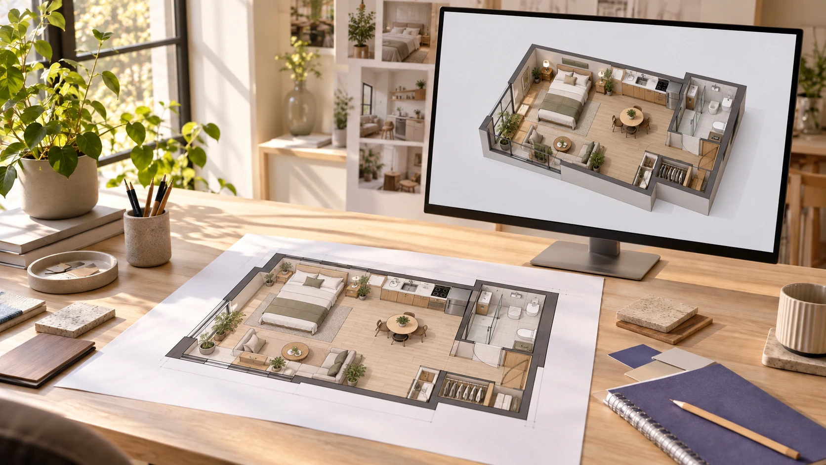 Studio apartment floor plan with sleeping, living, dining, work, and storage zones
