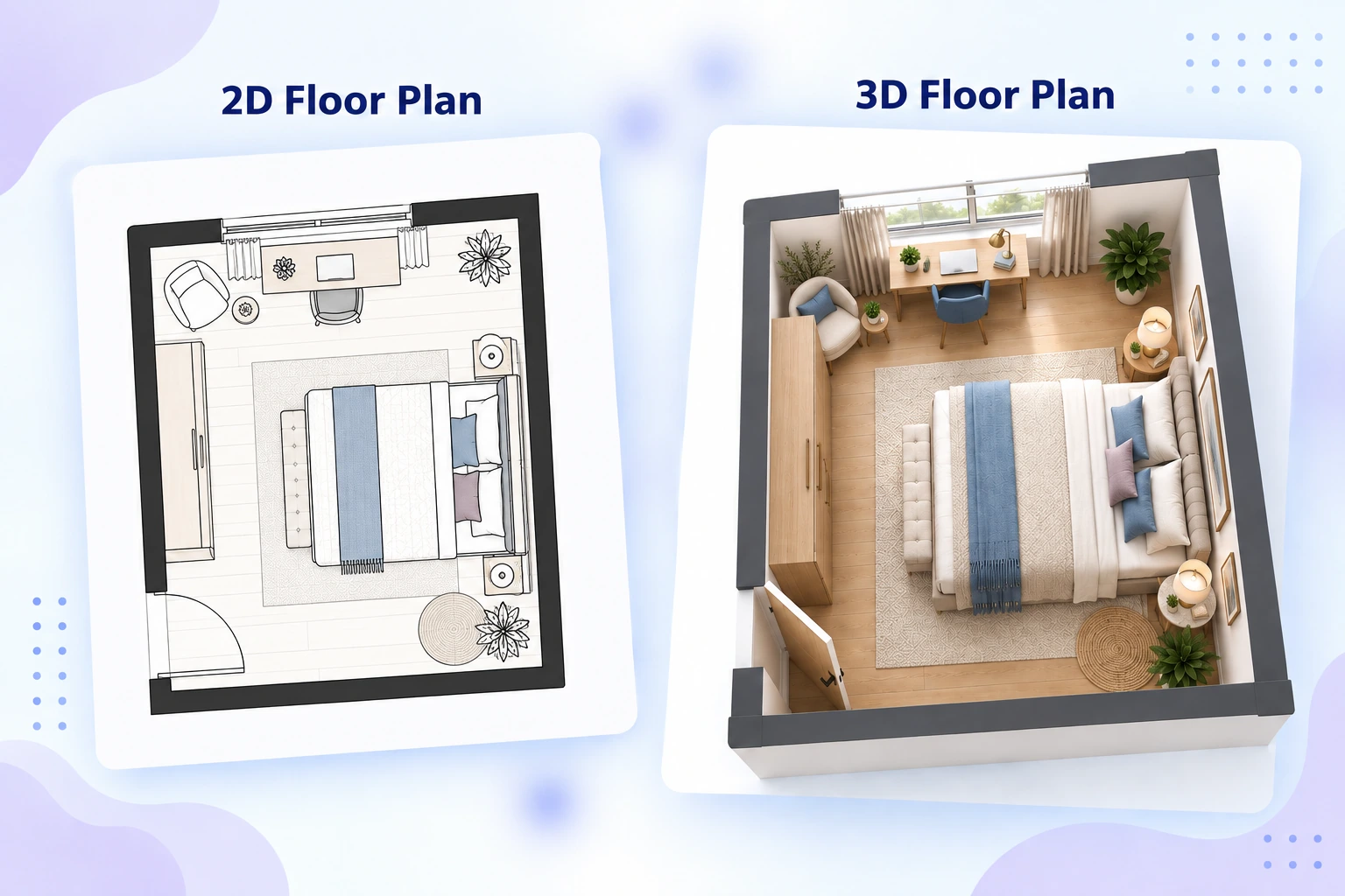 AI-generated bedroom floor plan with furniture and storage