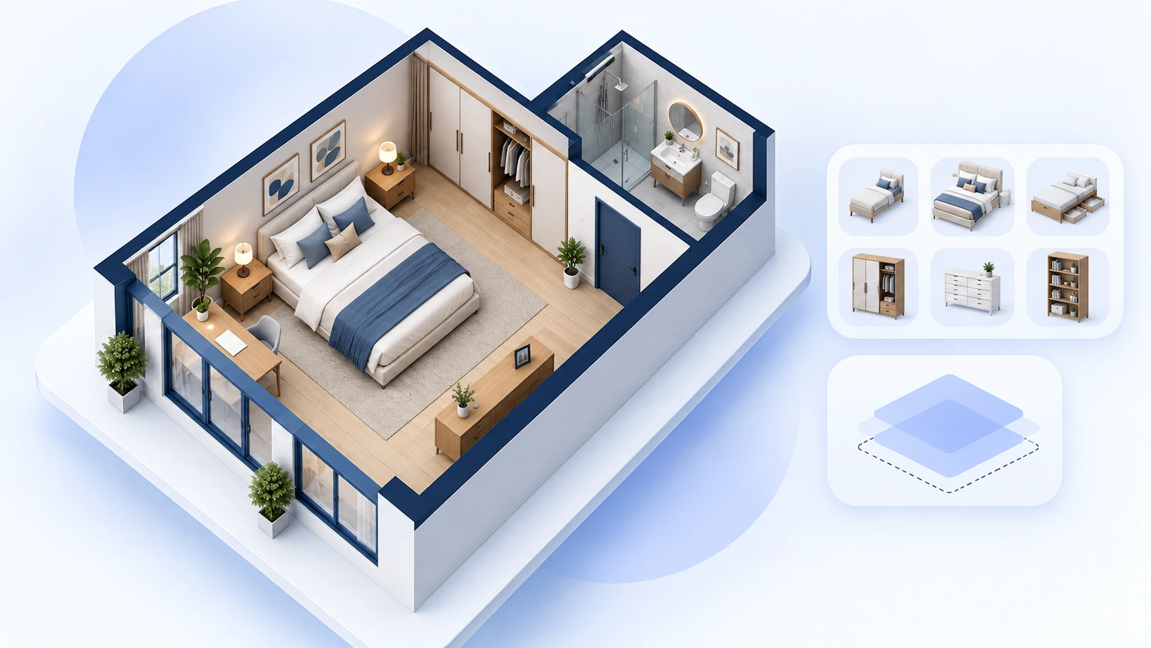 Bedroom floor plan with bed, storage, furniture, and en-suite input options