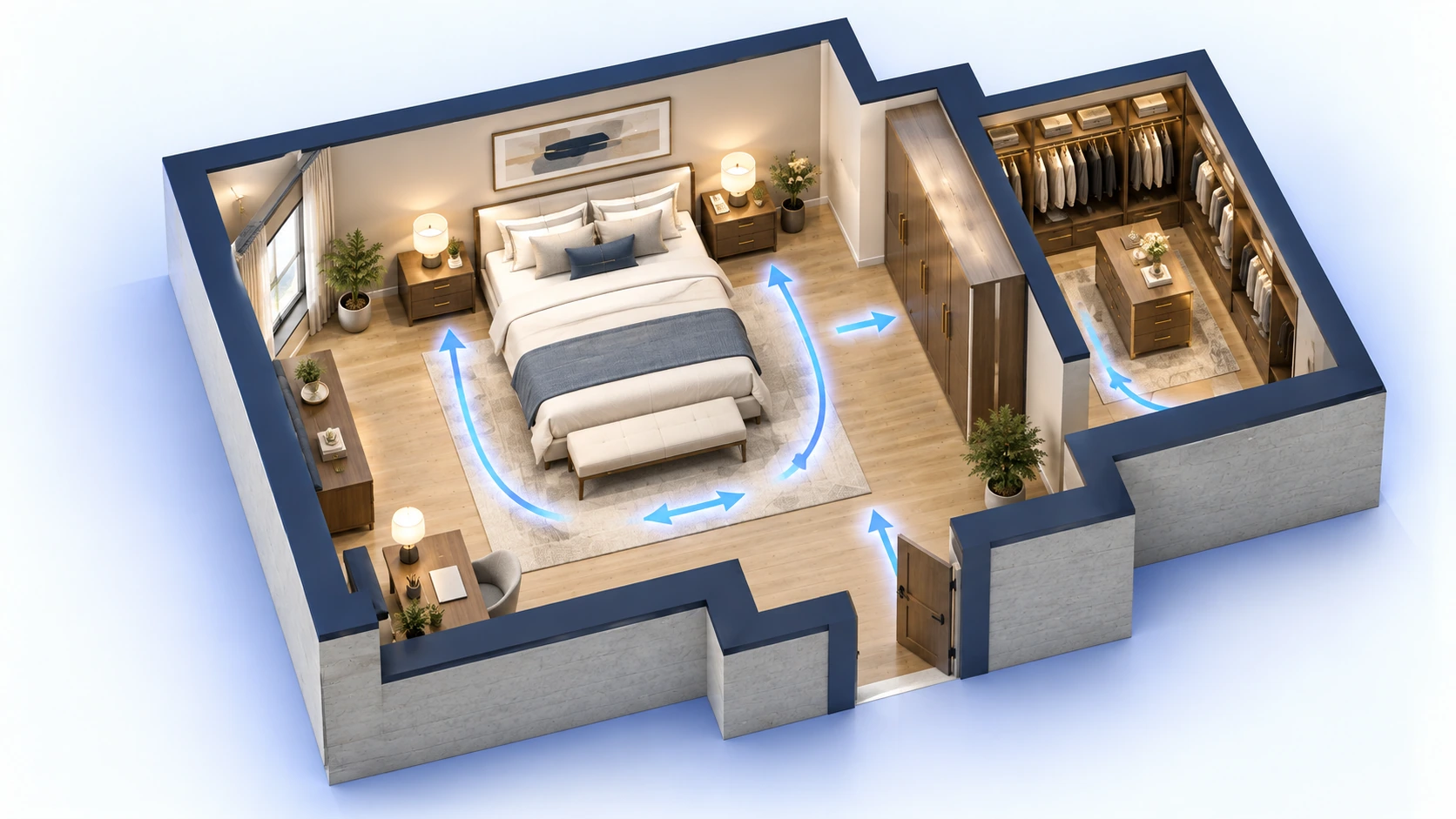 Bedroom layout showing bed, wardrobe, walk-in closet, and clear walking paths