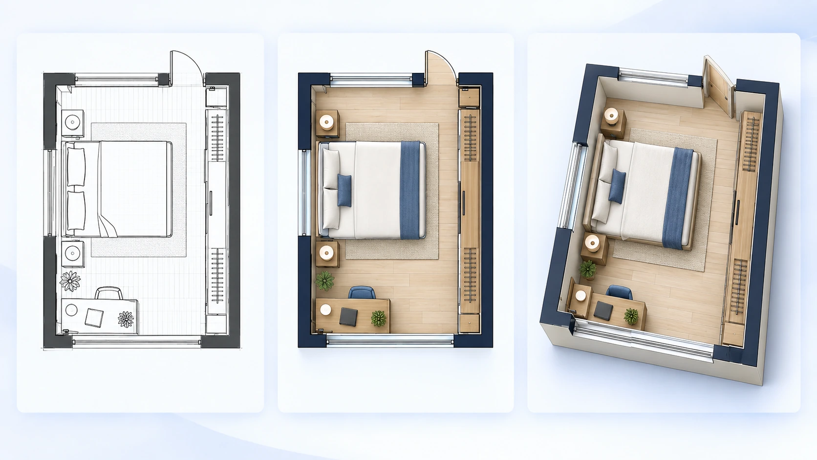 Same bedroom layout displayed as technical, colored 2D, and 3D isometric plans