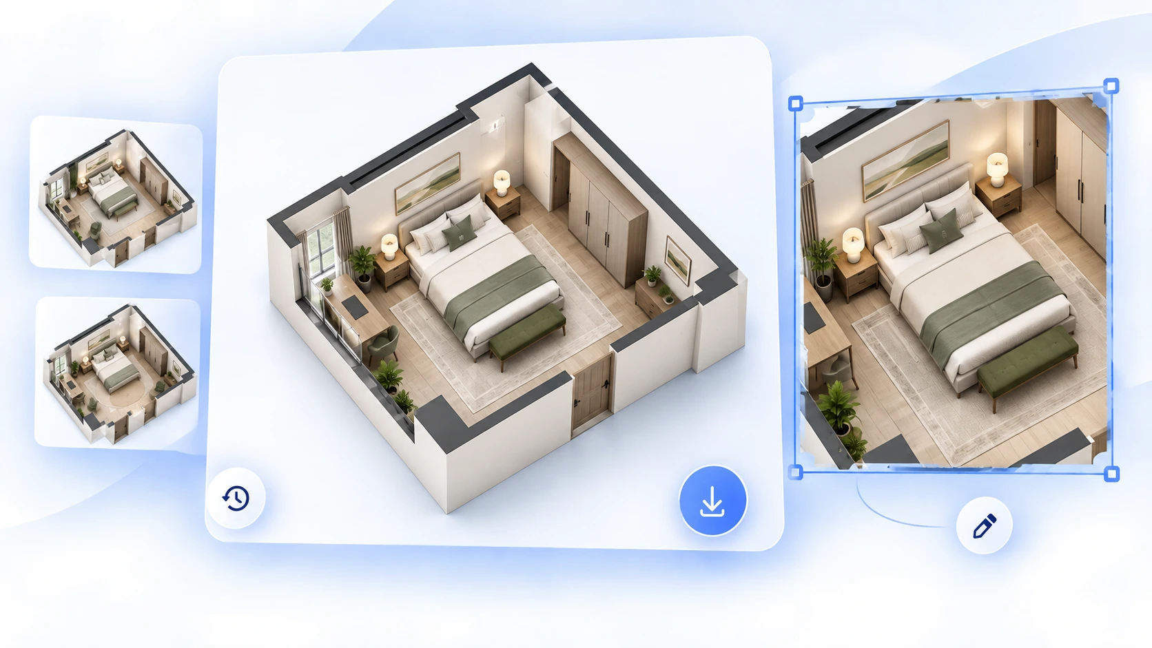 Bedroom floor plan versions moving from History and Preview into Floor Plan Editor