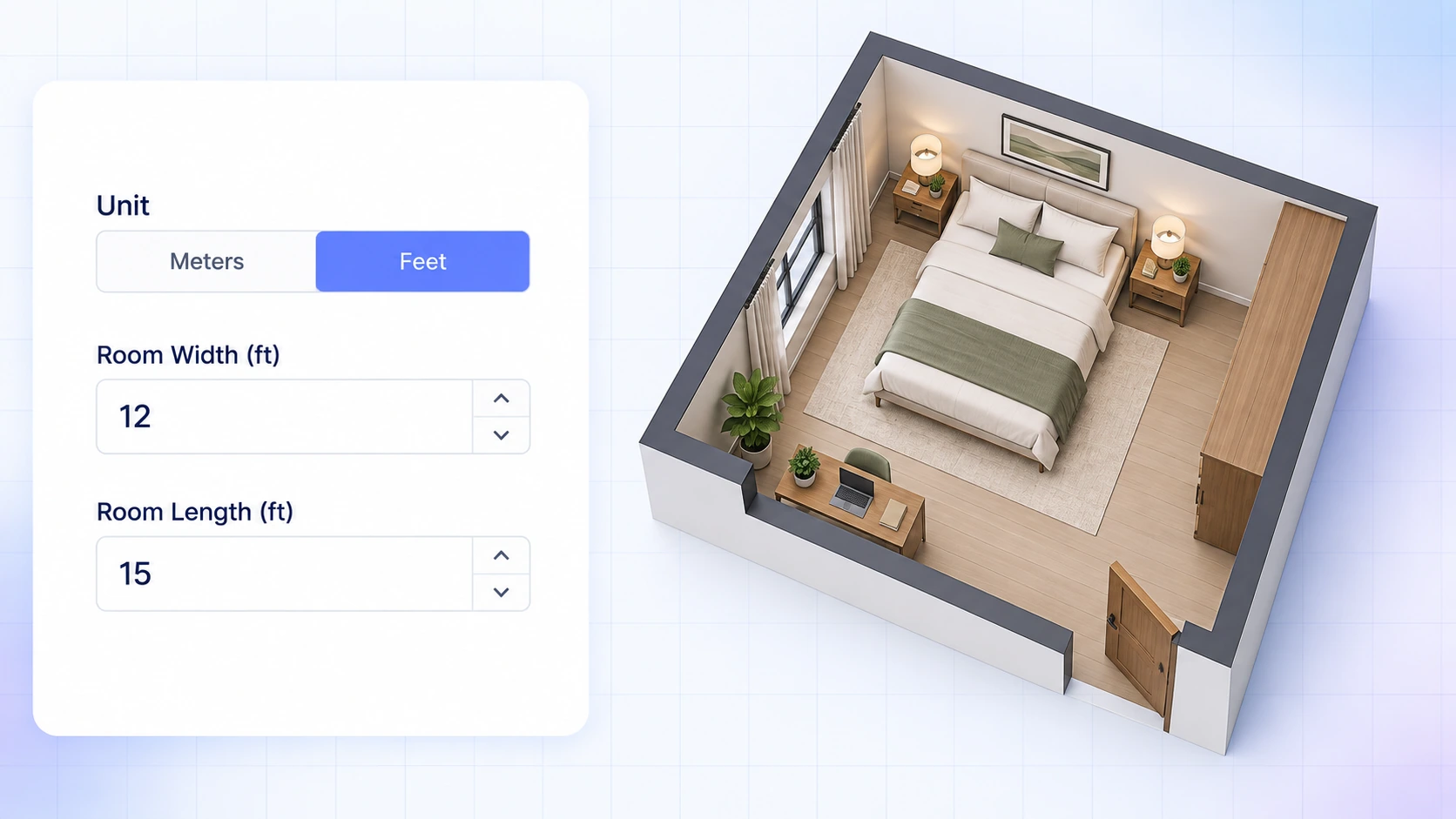 Bedroom floor plan controls for selecting units and entering room width and length