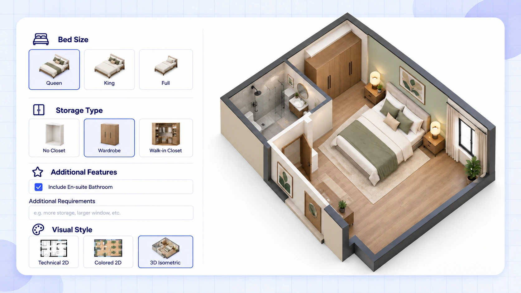 Bedroom layout controls for choosing bed size, storage, en-suite bathroom, and additional requirements