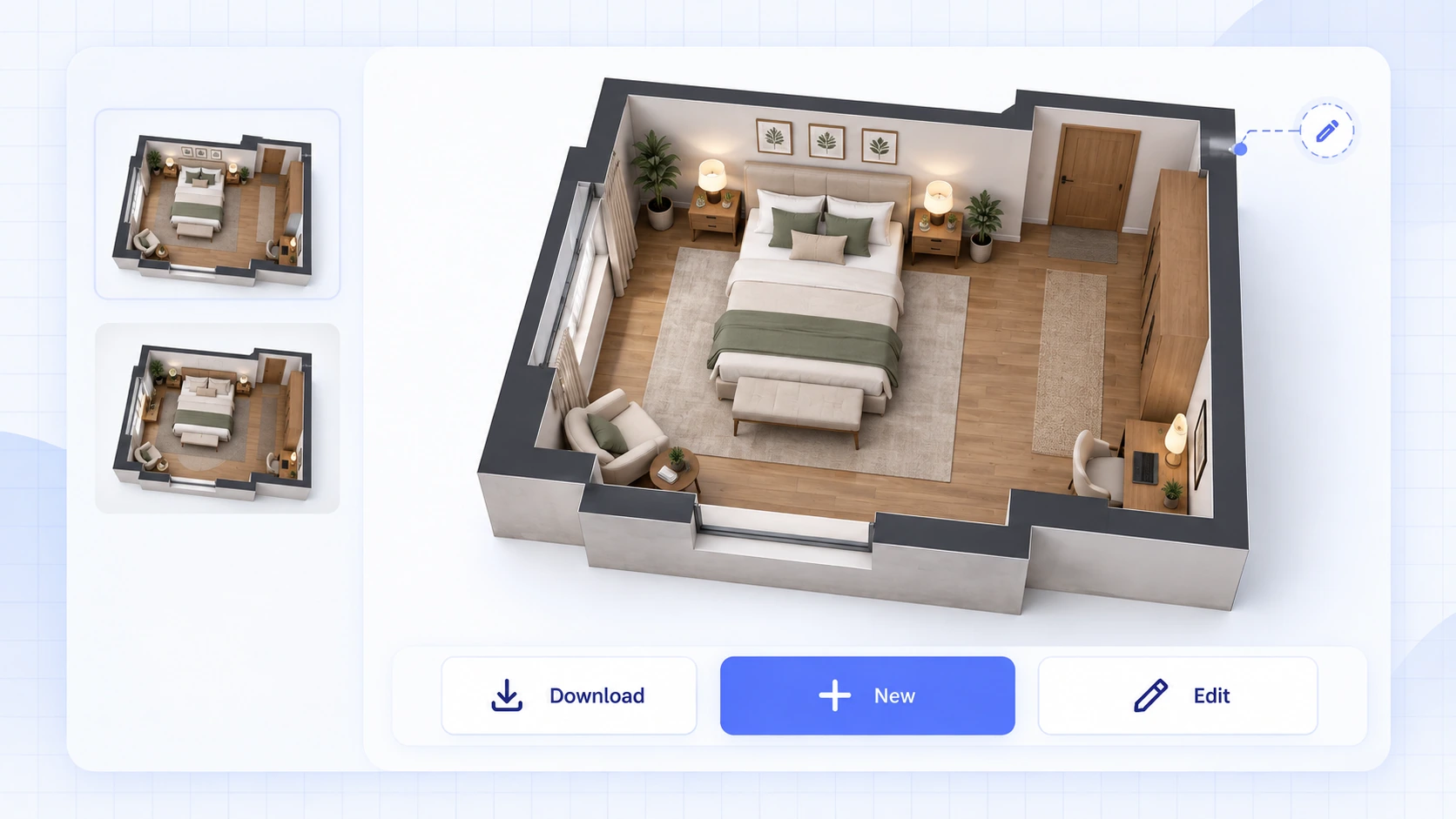Generated bedroom floor plan moving through Preview, History, download, and Floor Plan Editor