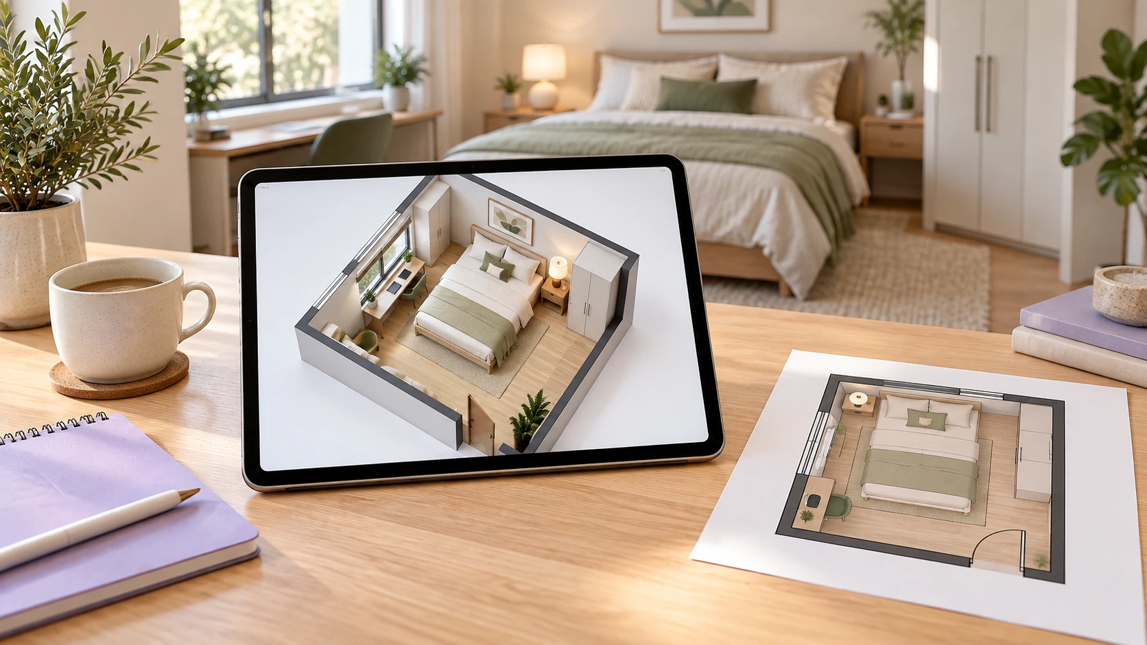 Small bedroom layout with a bed, wardrobe, nightstand, and compact desk