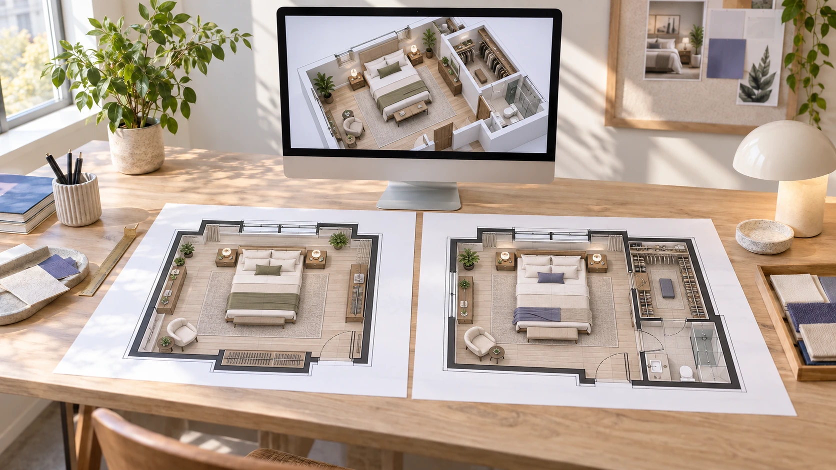 Primary bedroom floor plans comparing a wardrobe with a walk-in closet and en-suite