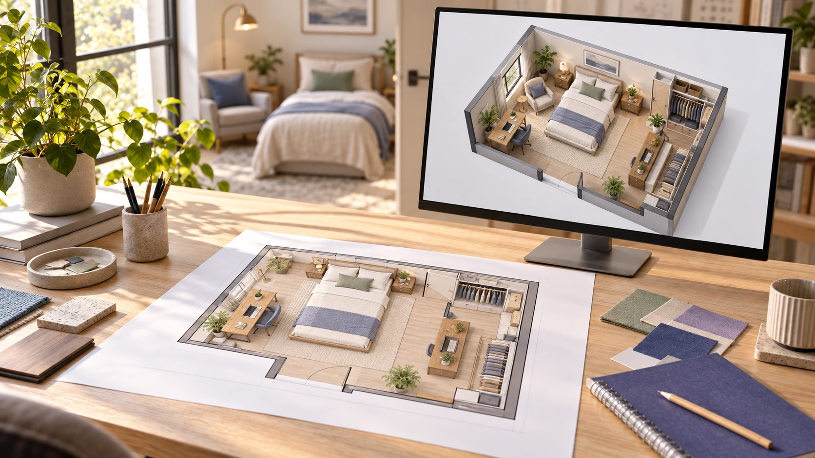 Multipurpose guest bedroom layout with a bed, desk, reading chair, and storage