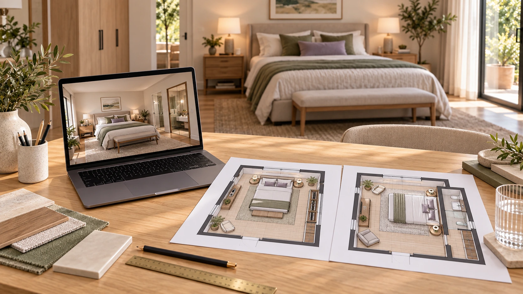 Two bedroom floor plan options comparing furniture, storage, and en-suite arrangements