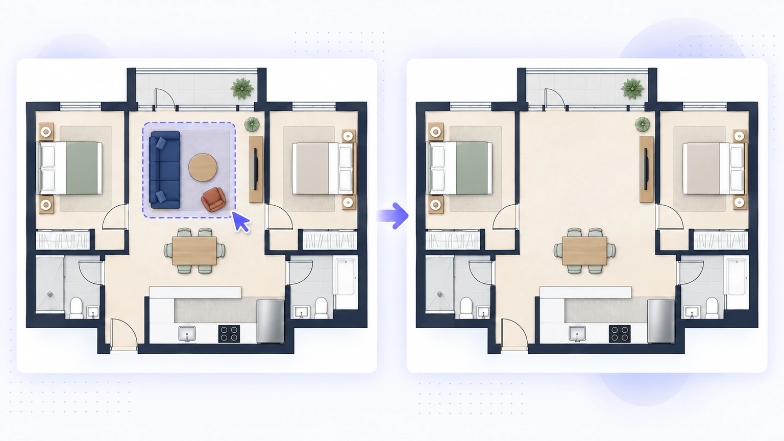 Before and after removing selected living-room furniture, with the rest of the floor plan preserved