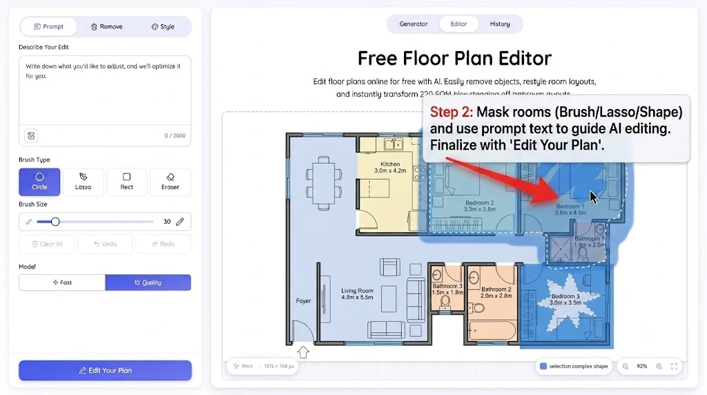 Select an area on the floor plan with the brush or lasso tool