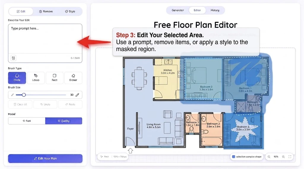 Edit a selected area with prompts, removal, or styles