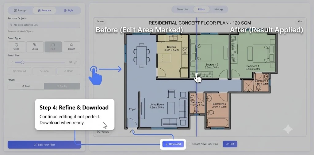 Compare and download the refined floor plan