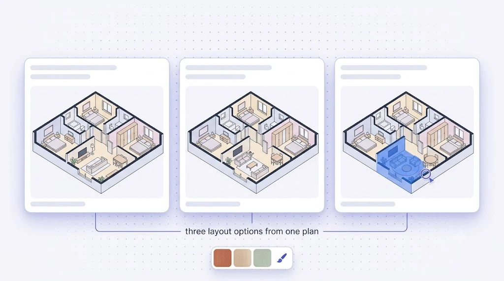 Interior designer testing furniture layouts on an existing floor plan