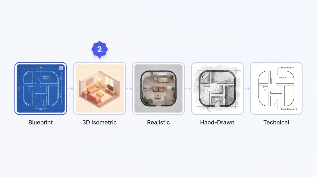 Ten visual style options — 3D Isometric, Blueprint, Technical, Hand-Drawn, Watercolor, etc.