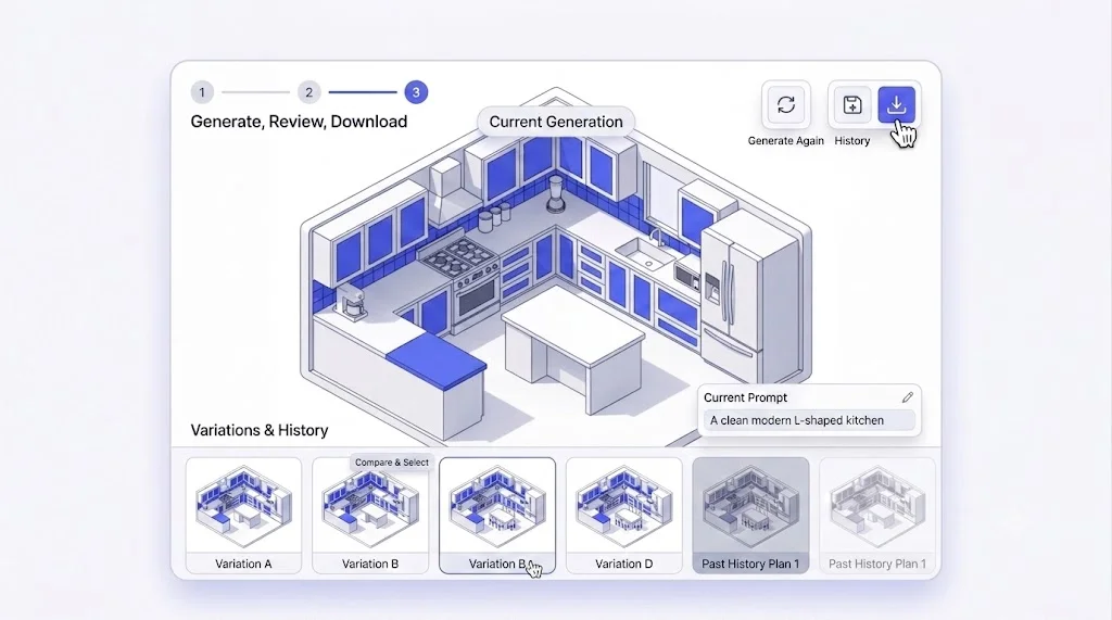 Generated floor plan result with download and history options