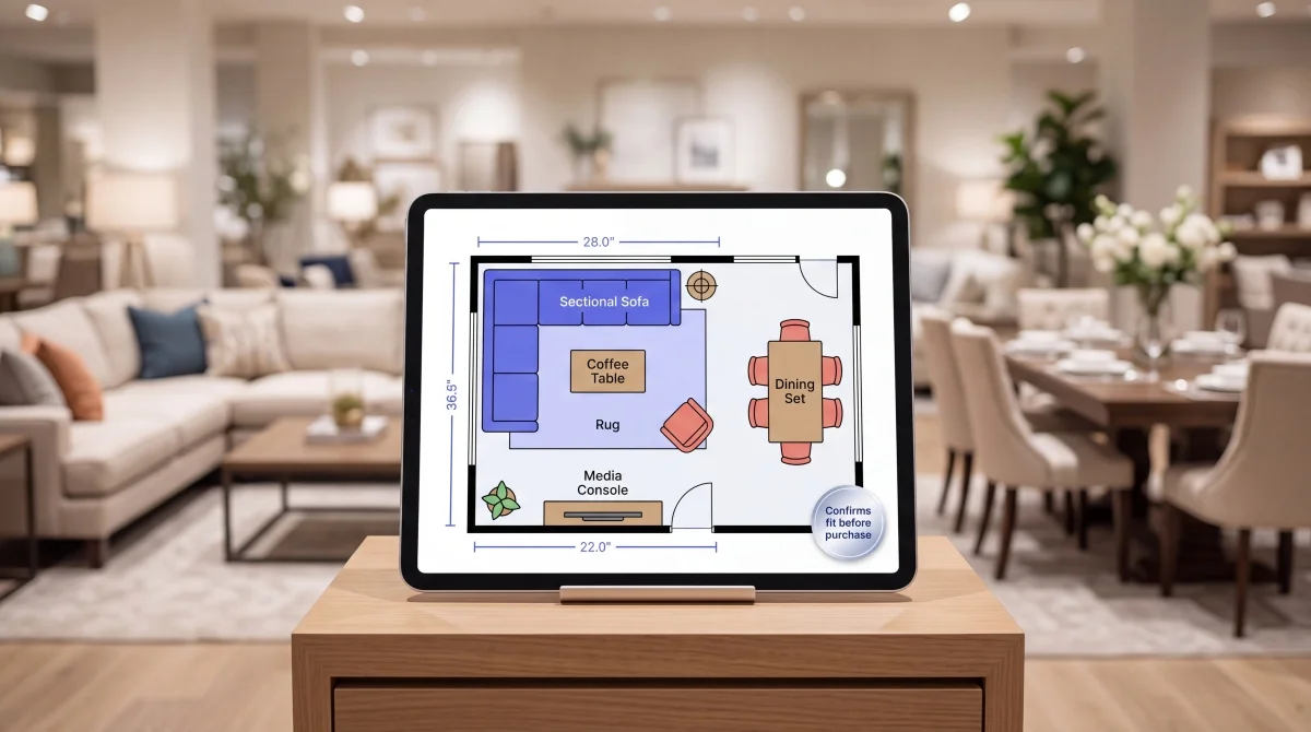 A furniture retailer using a generated floor plan to confirm furniture placement