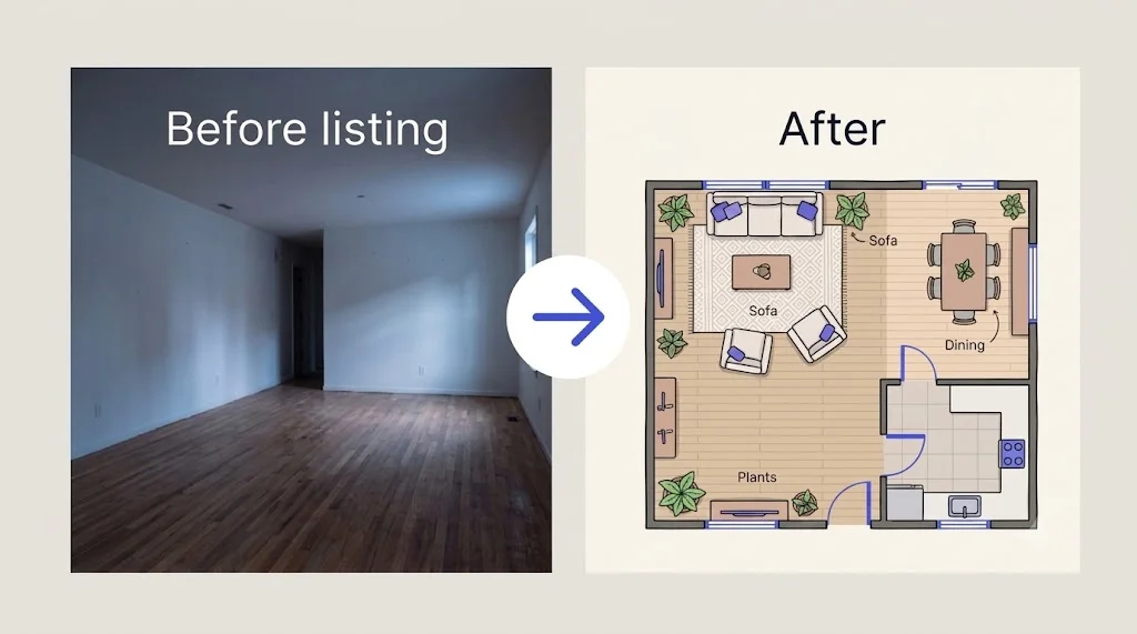 Furnished floor plan layouts generated for a home staging presentation