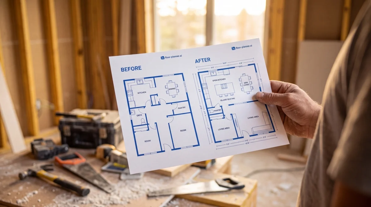 Contractor presenting a before-and-after floor plan to a homeowner on site