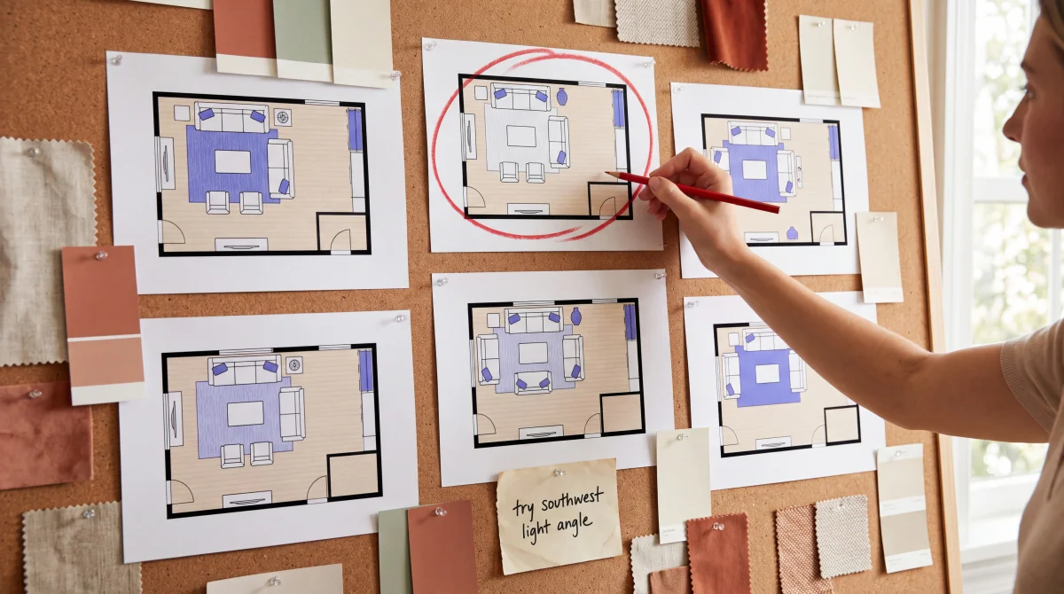 Interior designer rapidly generating multiple furniture arrangement concepts