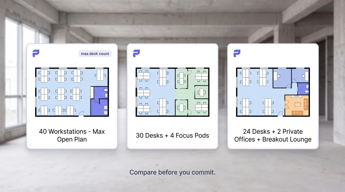 An office manager comparing three different office layout floor plans