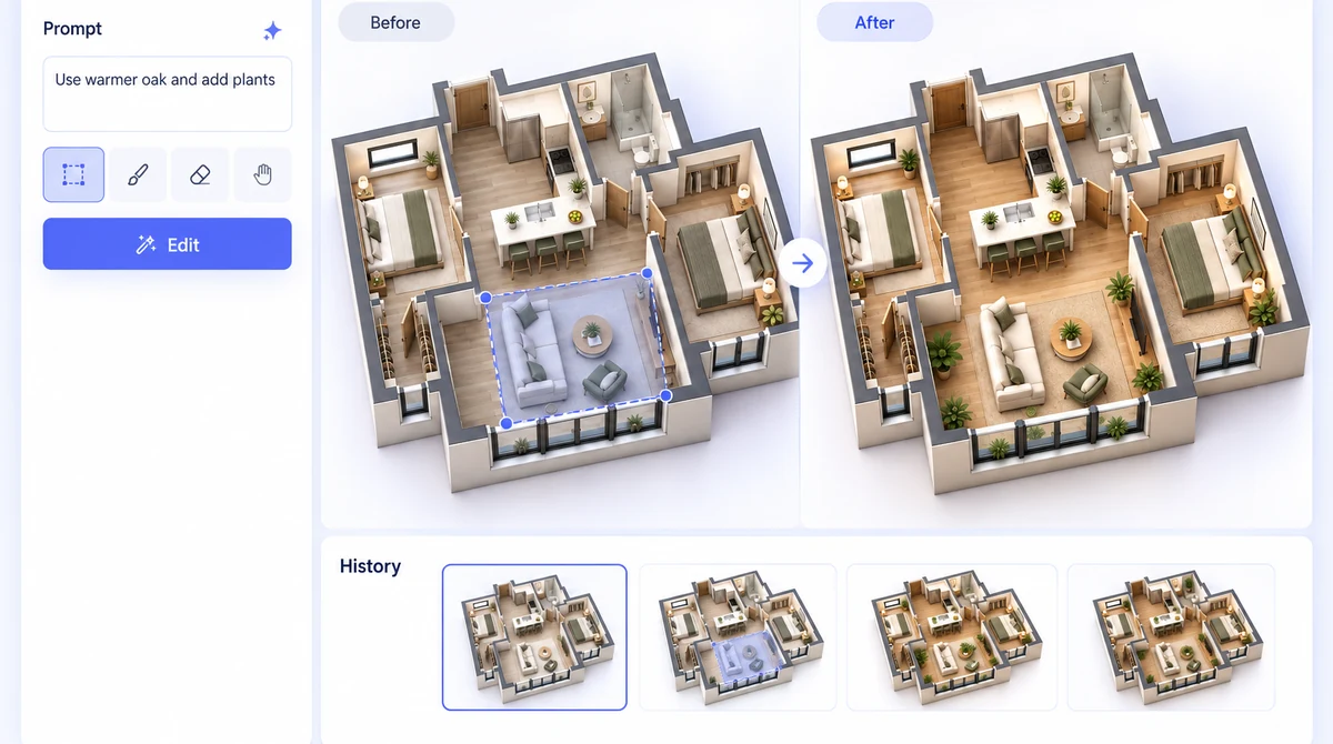 A 3D floor plan refined with prompts in Floor Plan Editor