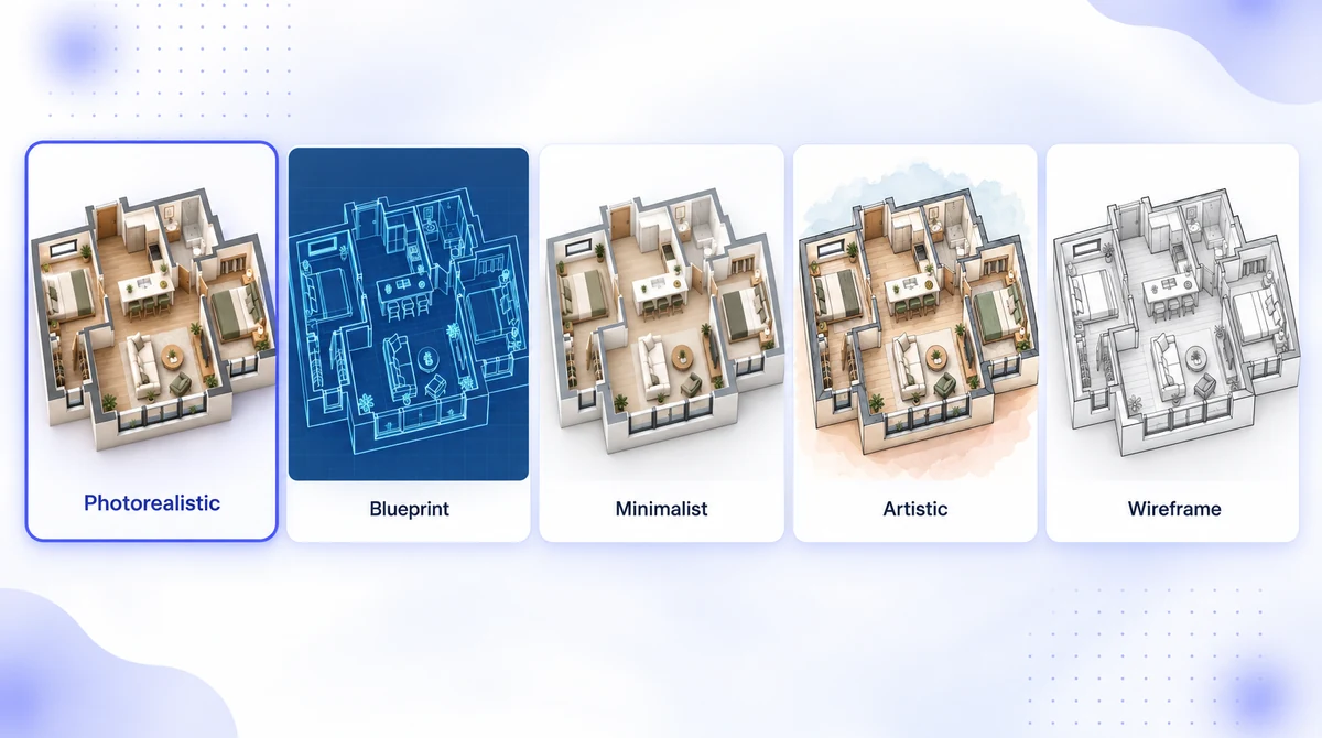The same 3D floor plan shown in five rendering styles