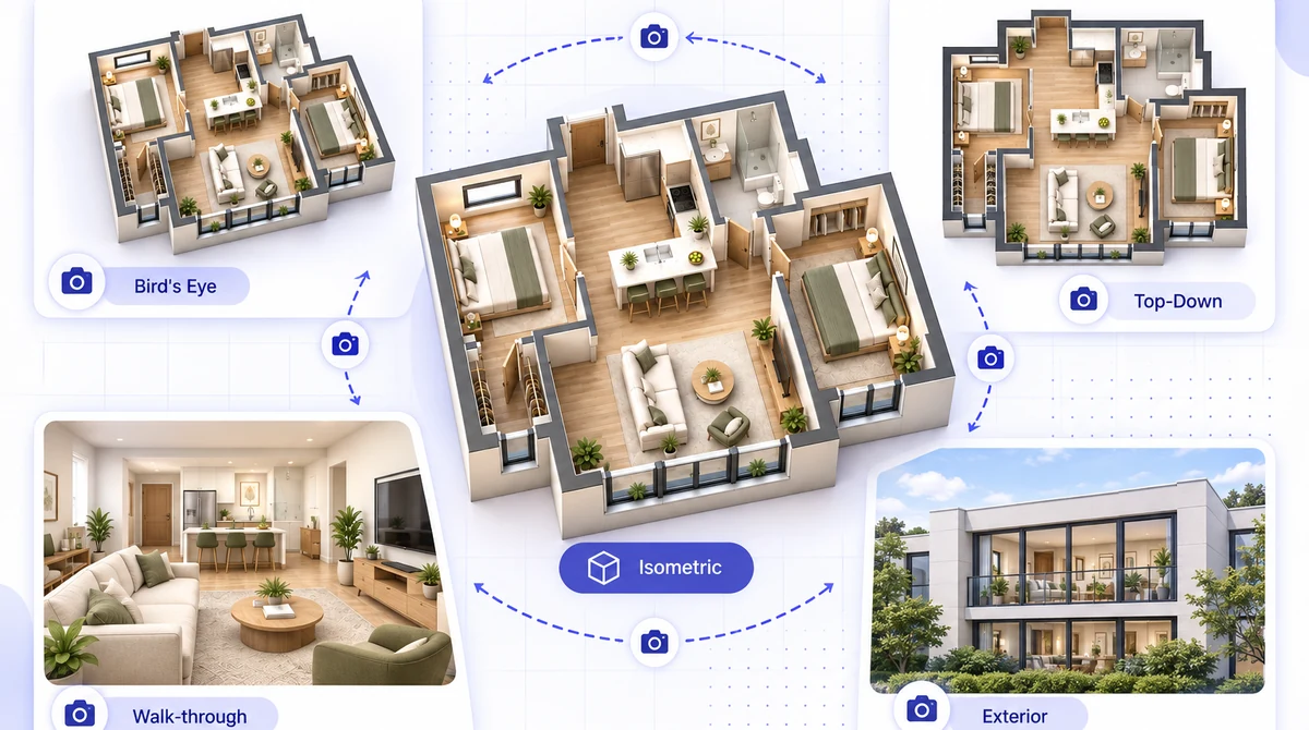 The same home shown from bird's-eye, top-down, isometric, walk-through, and exterior views