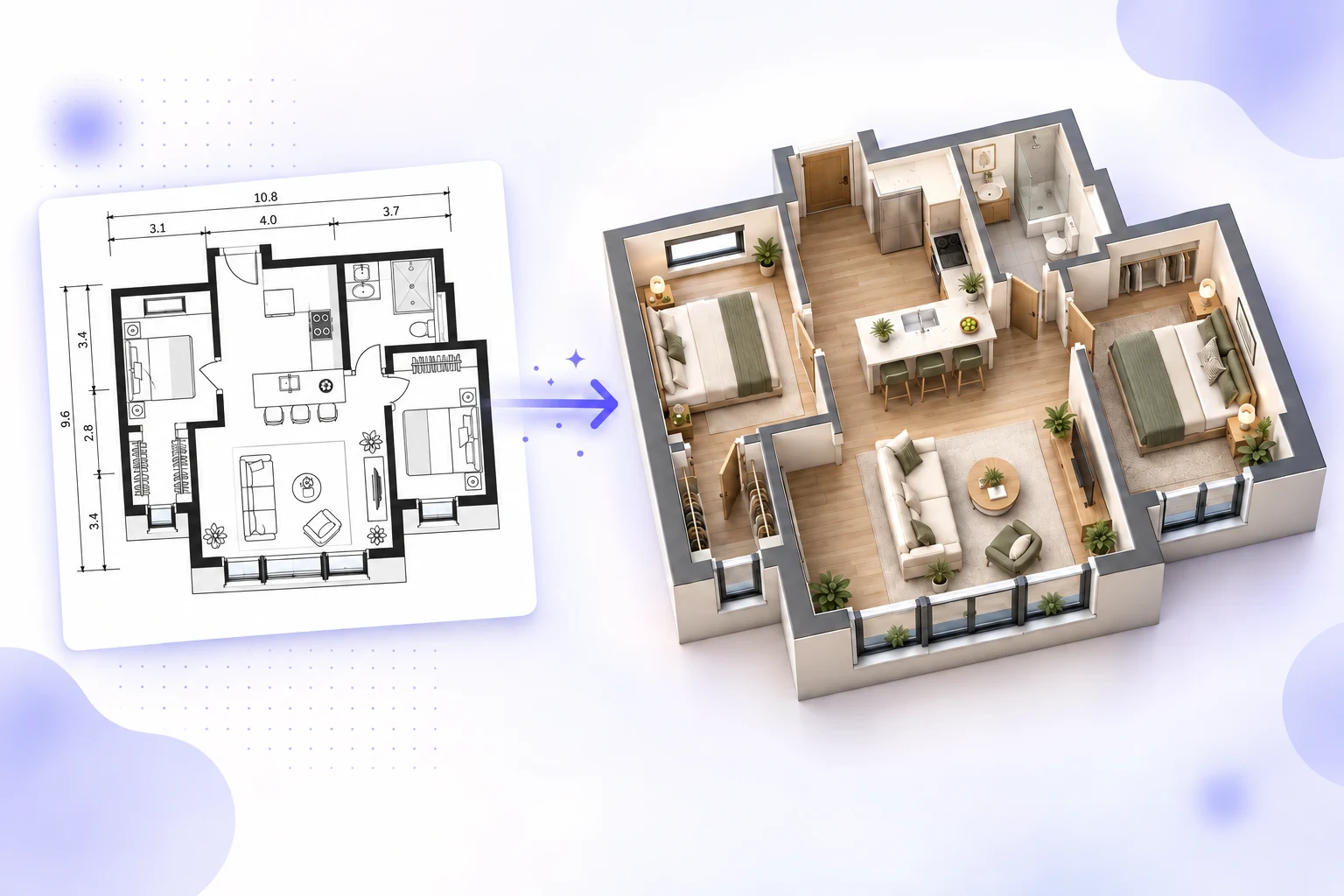 A 2D floor plan transforming into a furnished 3D floor plan