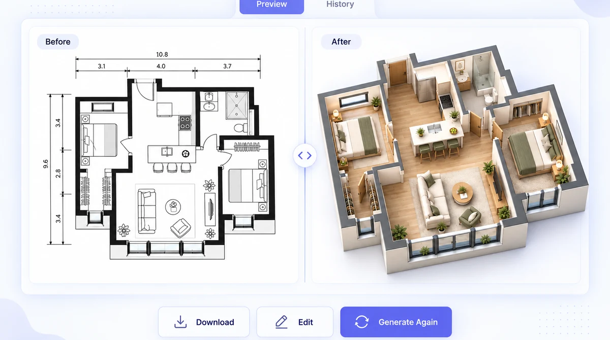Two-dimensional plan converted into a furnished 3D floor plan visualization