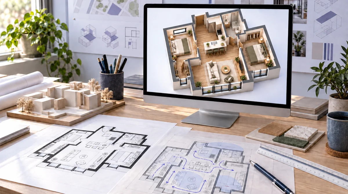 A 3D floor plan displayed with architectural drawings and a study model