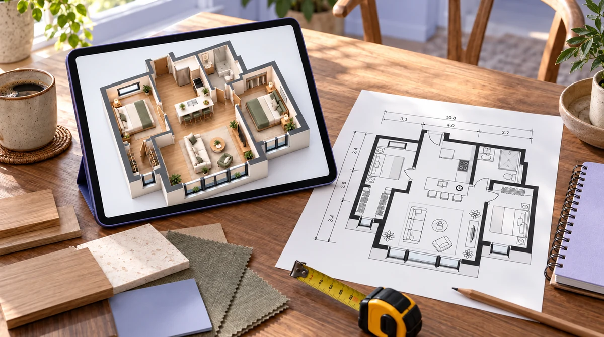 A 3D floor plan, 2D plan, and finish samples arranged for home renovation planning