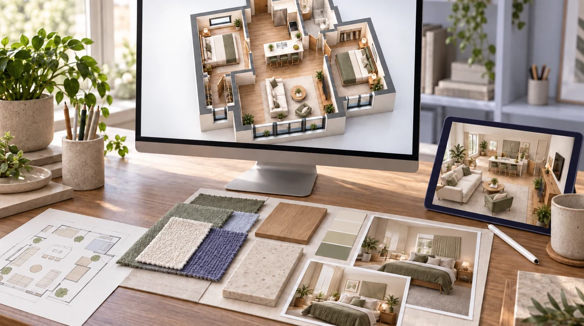 A 3D floor plan displayed beside interior material and color samples