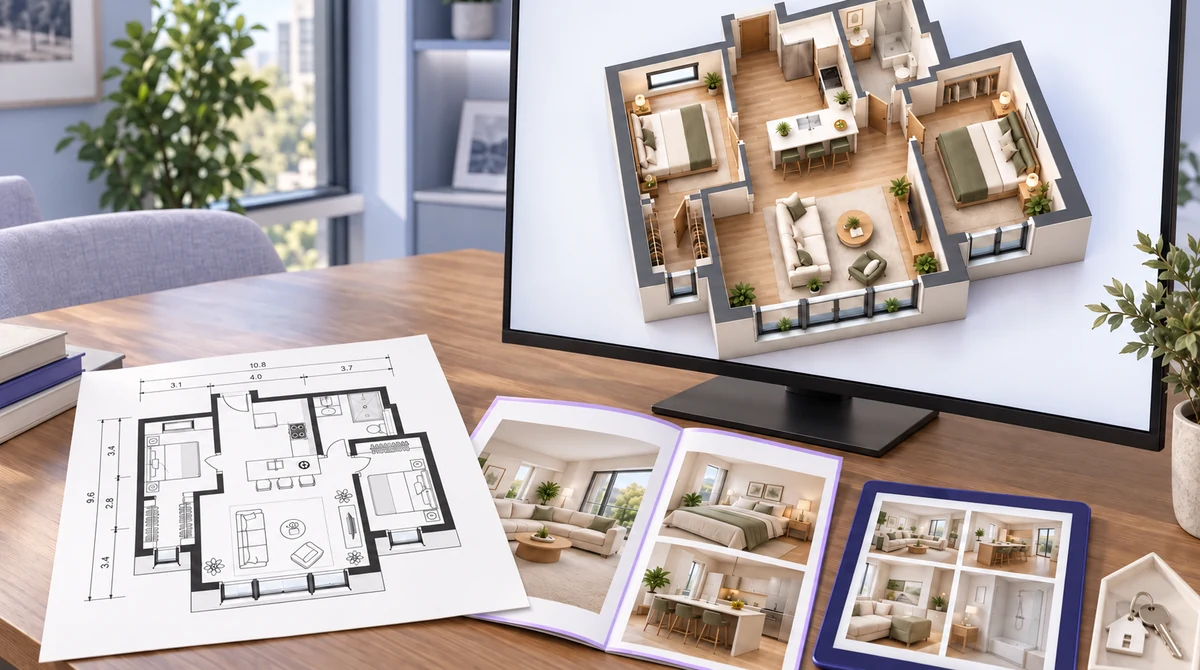 A furnished 3D floor plan displayed with property presentation materials