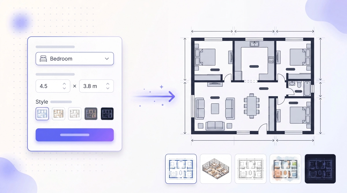 AI floor planner interface showing input room dimensions and generated architectural layout