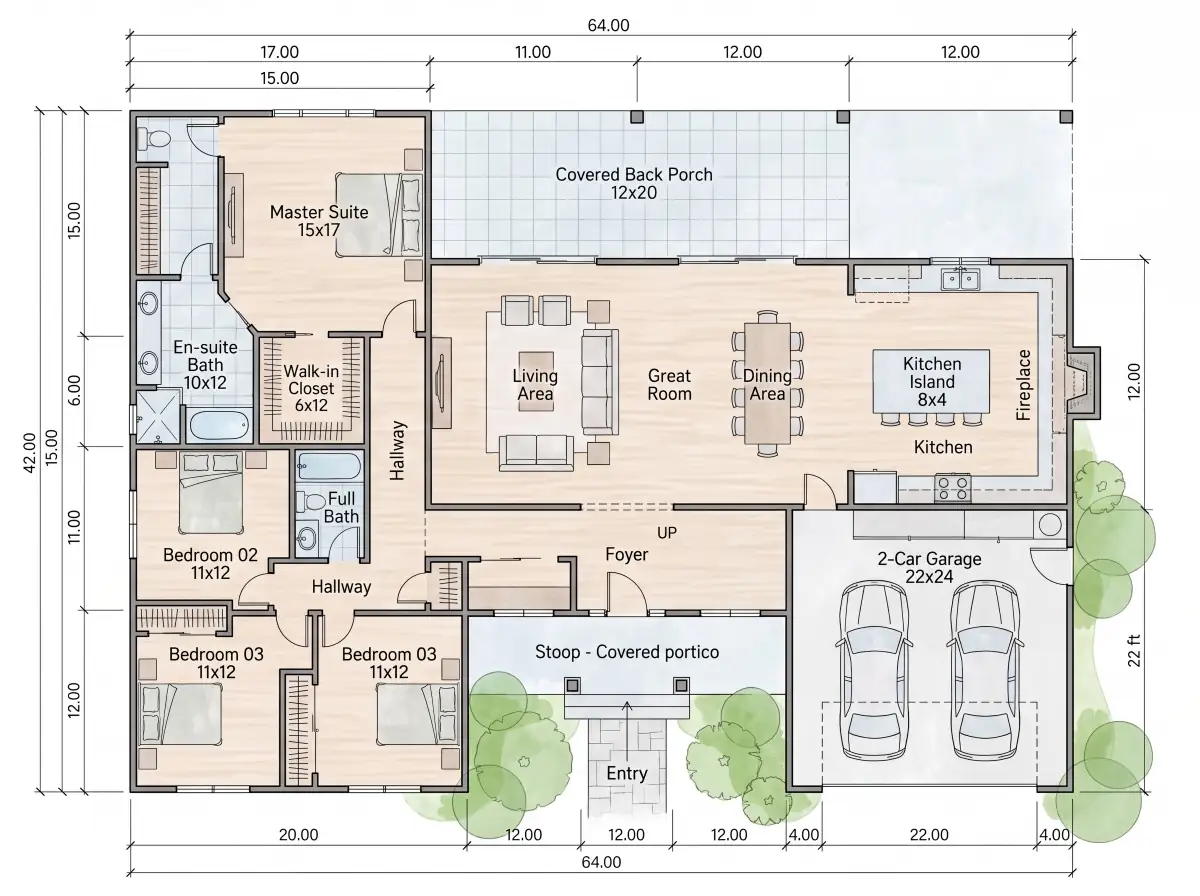 Colored 2D Style Floor Plan
