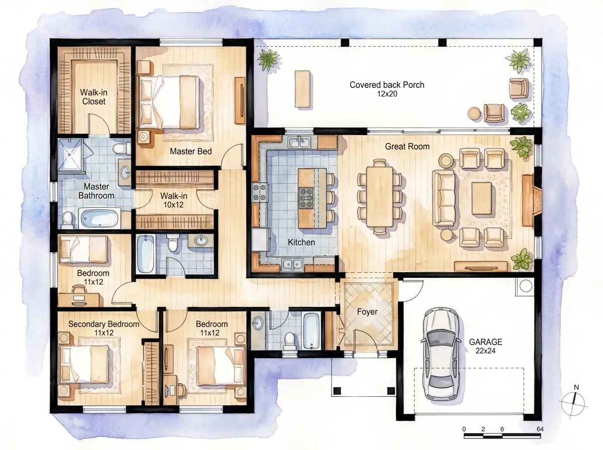 Watercolor Style Floor Plan