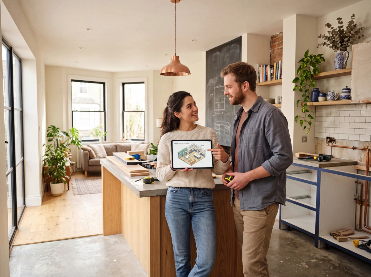 Homeowner visualizing open-plan kitchen layout