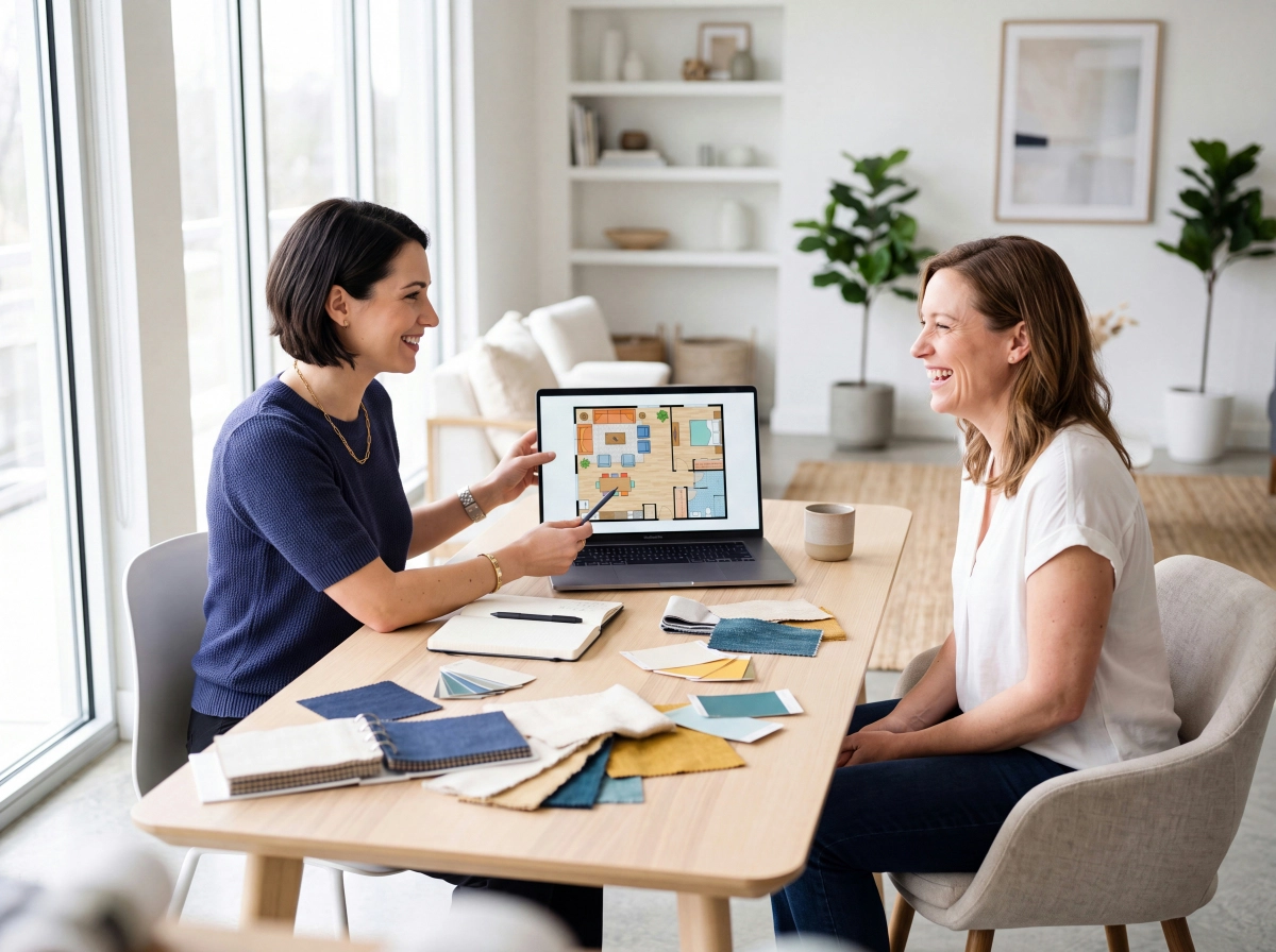 Interior designer presenting floor plans to clients